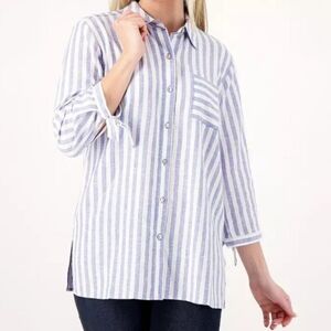 Susan Graver PURE L Petite Shirt Linen Blend Button Down Front Top Striped